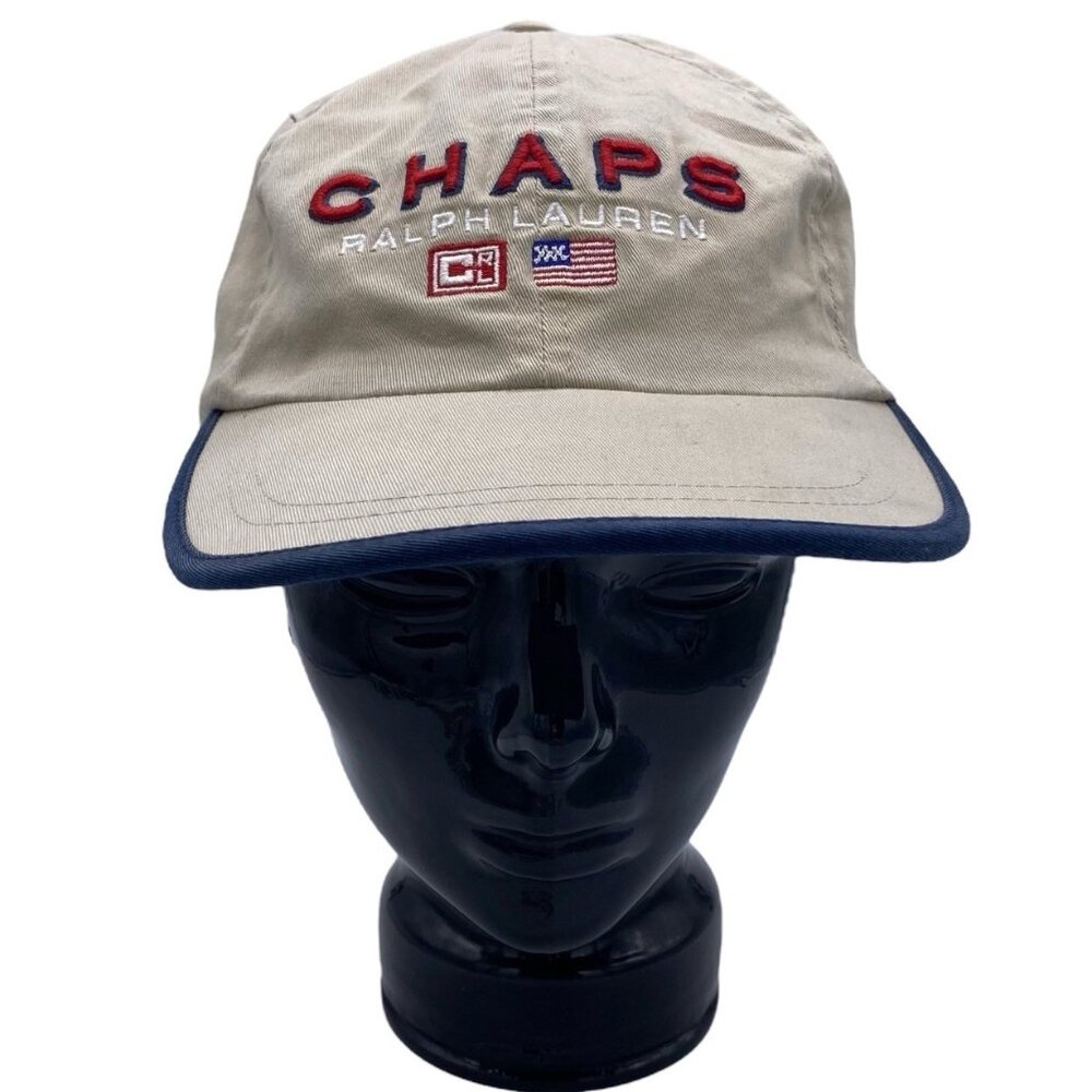 Vintage Y2K Chaps Ralph Lauren Hat Khaki Beige Flag Logo Preppy 90s Americana